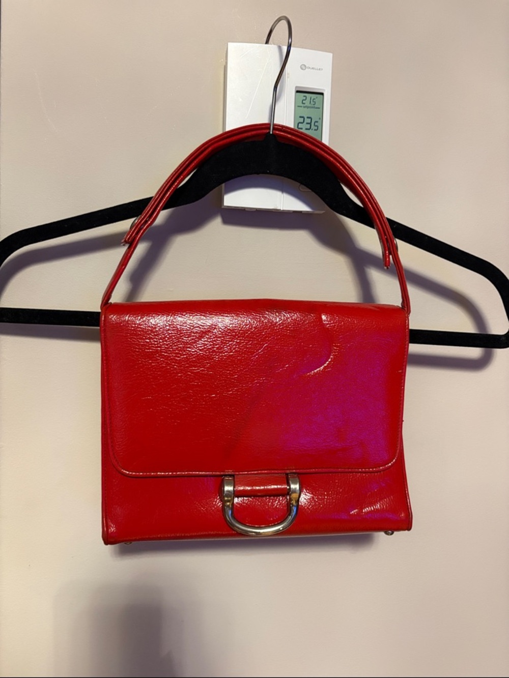 Red Leather Top-Handle Shoulder Bag with Silver D-Ring Accent